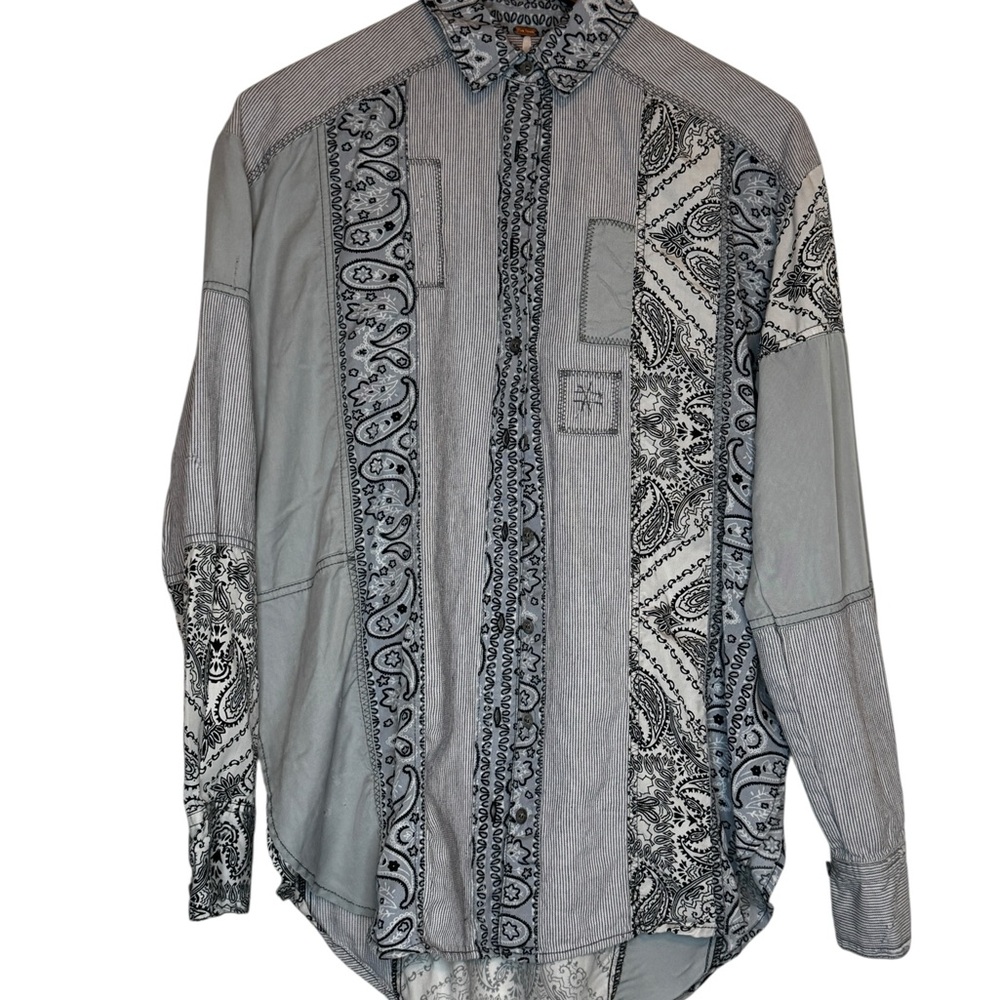 Free People Men's Grey Patchwork Paisley Long-Sleeve Shirt